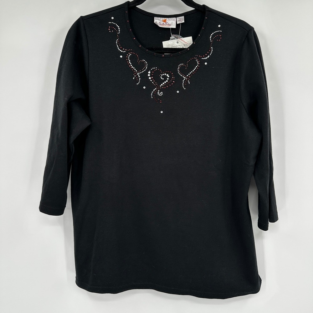 Quacker Factory Black Rhinestone Heart 3/4 Sleeve Top Large Crew Neck Sparkle